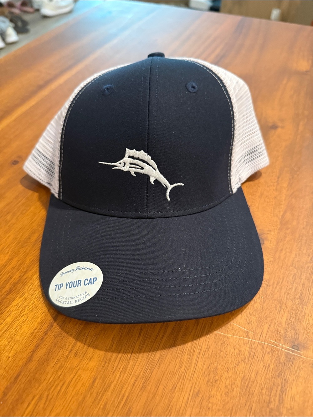 Tommy Bahama Navy and White Mesh Trucker Hat with Marlin Logo